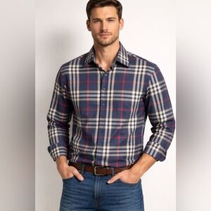 Burberry London England Nova Check Shirt XL Blue Plaid 100% Cotton